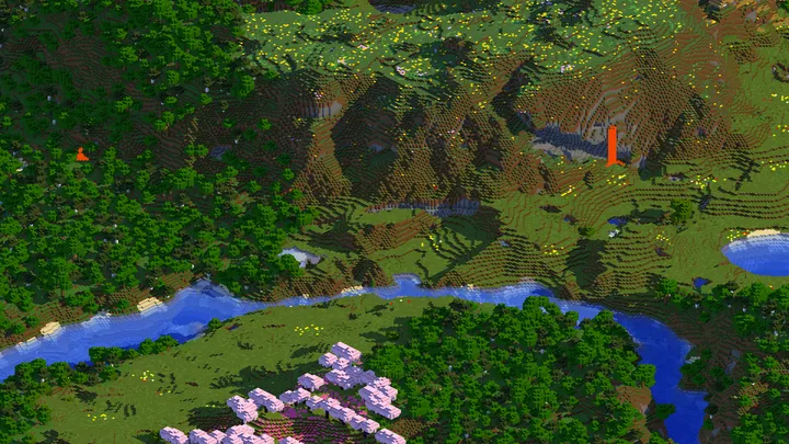 Ein Ausschnitt der isometrischen Karte: Wald, ein Fluss, Kirschbäume und Hügel, jeder Block ein schattierter Würfel