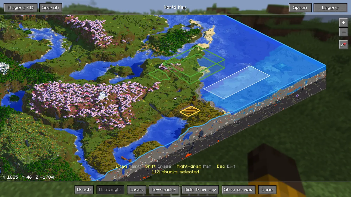 Eine nahe isometrische Ansicht einer Küste mit grün umrandeten WorldGuard-Regionen, einem verborgenen Bereich mit Warnstreifen und 112 Chunks, die zum Neurendern ausgewählt sind