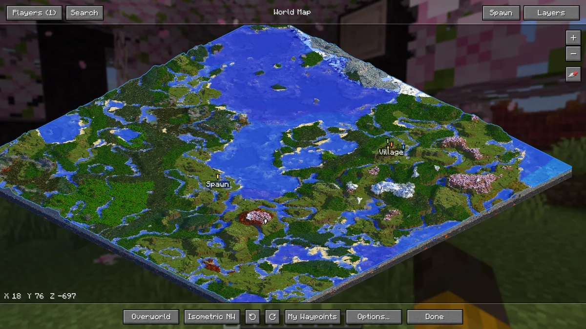 Die Weltkarte der Mod in der isometrischen Ansicht, die ganze Welt als ein schräger Block vor dem Spiel, mit Wegpunkten am Spawn und an einem Dorf